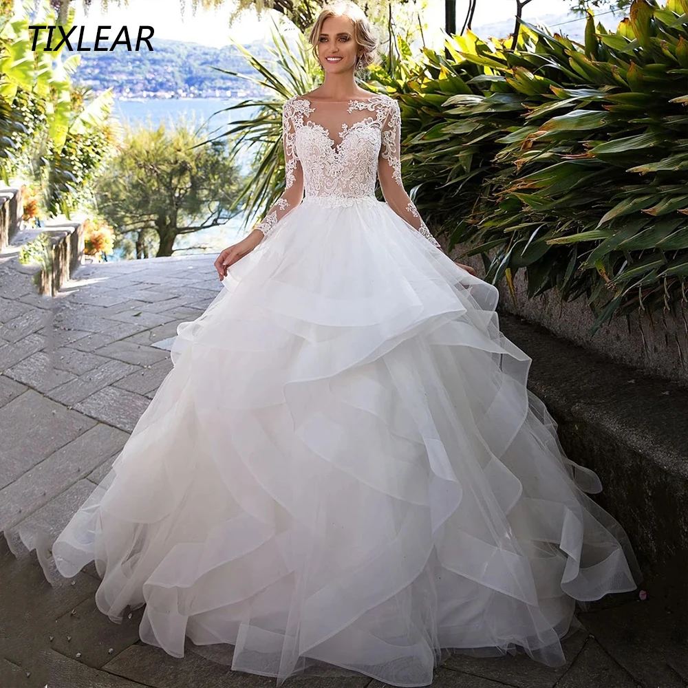 

Женское свадебное платье до пола TIXLEAR, элегантное бальное платье из органзы с круглым вырезом, длинными рукавами и аппликацией, платье для невесты