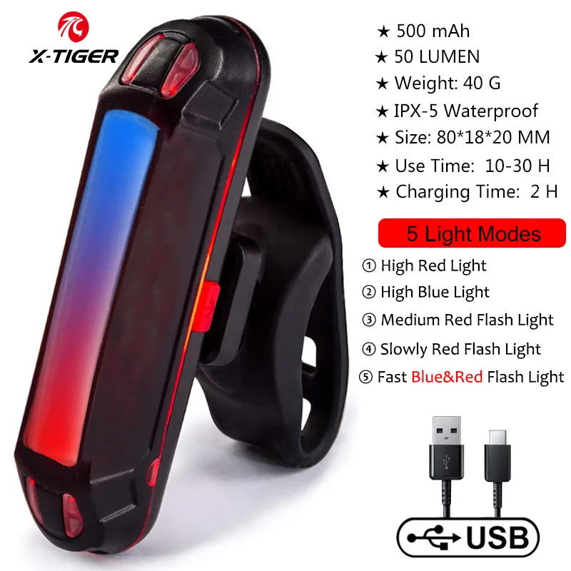 

X-Tiger Bicycle Rear Light IPX-5 Waterproof USB Rechargeable LED Safety Warning Lamp Bike Flashing Accessories Cycling Taillight