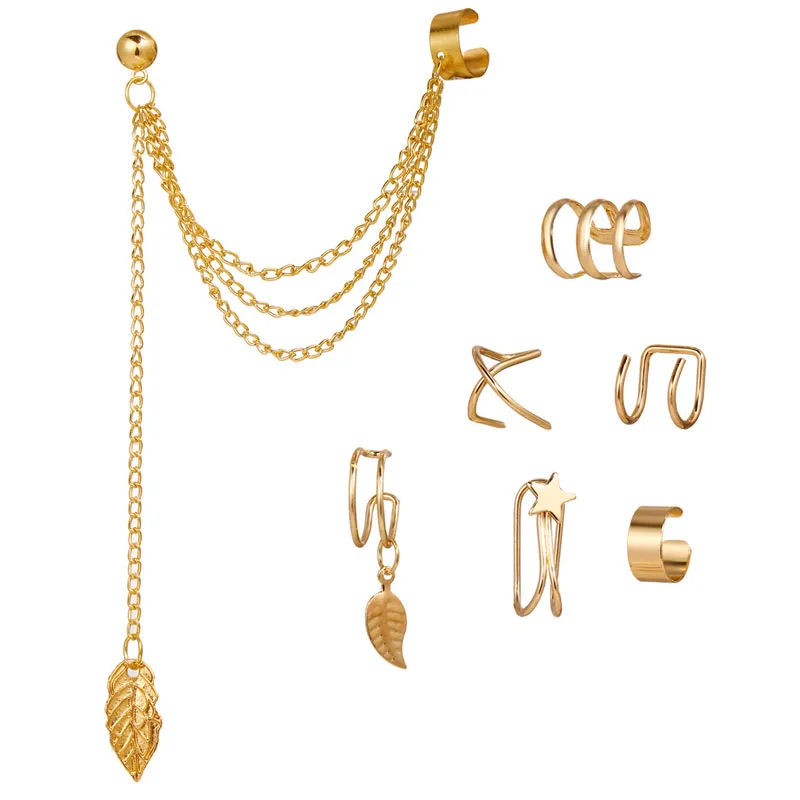 7PCS Clip On Ear Cuff Earrings Leaves Fake Cartilage Earrings Lot Non Piercing Clip On Earrings Set Earrings Women Jewelry Gift