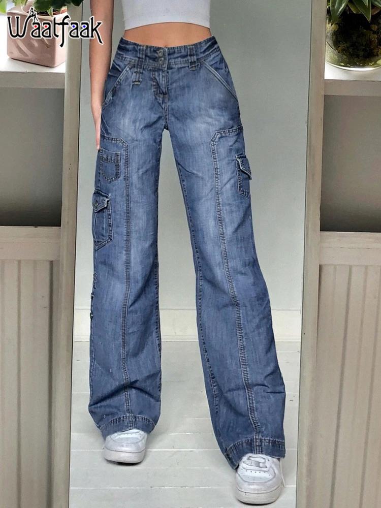 Waatfaak-Pantalones Vaqueros Cargo para Mujer, Jeans de Retales, Holgados, con Cintura Alta y Bolsillos, Y2K, Color Azul Oscuro, Ropa de Calle, a la Moda, de los 90