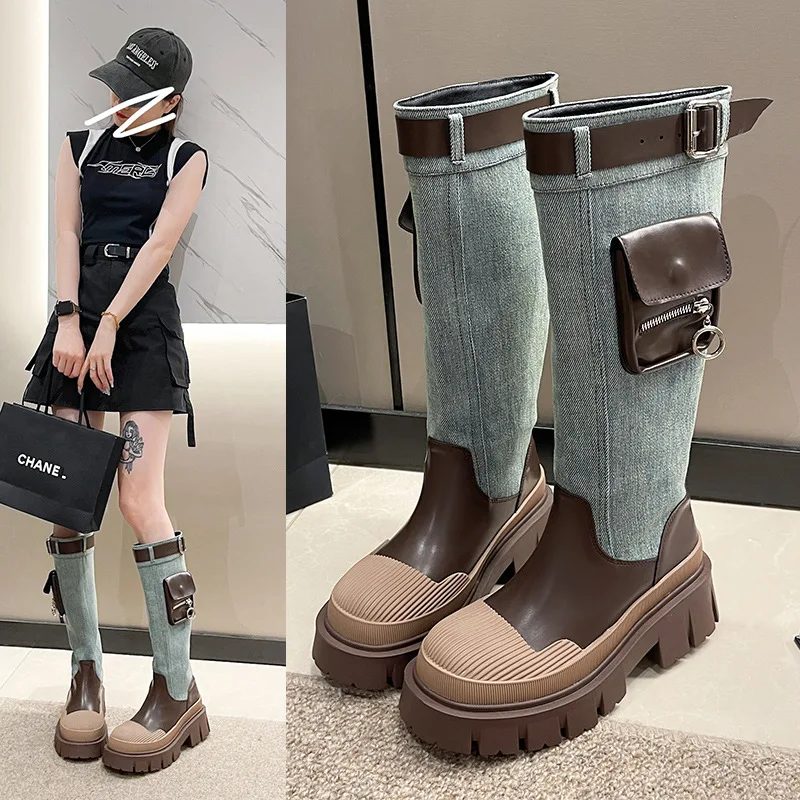 

Dropshipping Vintage Metal Belt Buckle Western Cowboy Boots Square Heel Knee Skinny Knight Boots Sexy Handsome Ladies Boots