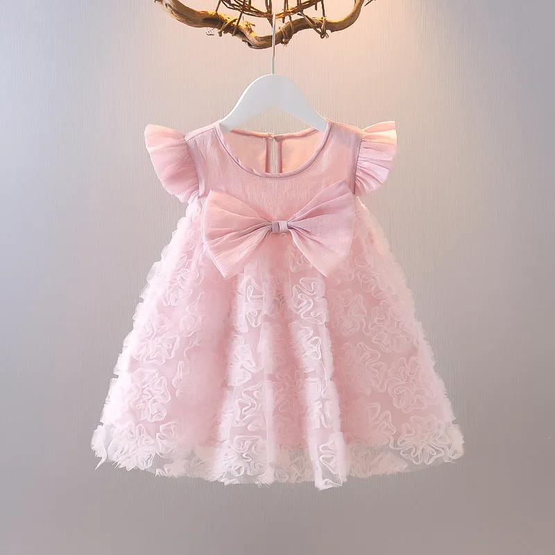 

New Summer Toddler Baby Girl Dress 1 Year Birthday Dress Pink Lace Baptism Vestido Infant Bowknot Princess Dresses