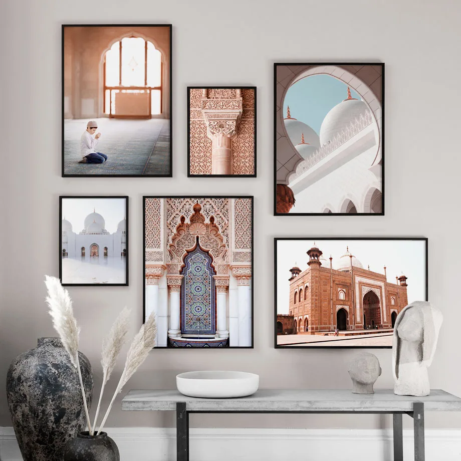 

Исламская настенная Картина на холсте, белая Марокканская мечеть, дверь, столб, скандинавские плакаты и принты, настенные картины для декор...