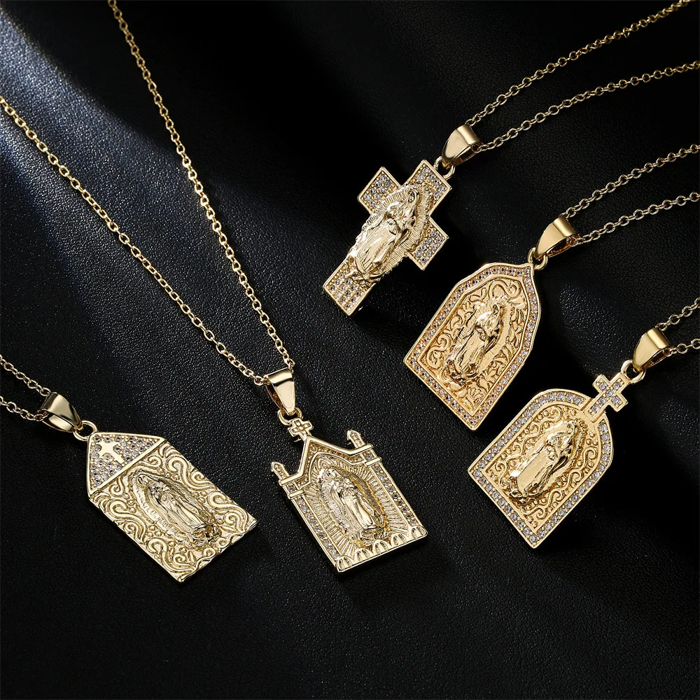 

Copper Plated Gold-plated Zircon Virgin Mary Pendant Necklace Religious Gift Customized Pendants Jewelry Making Pendulum Jesus