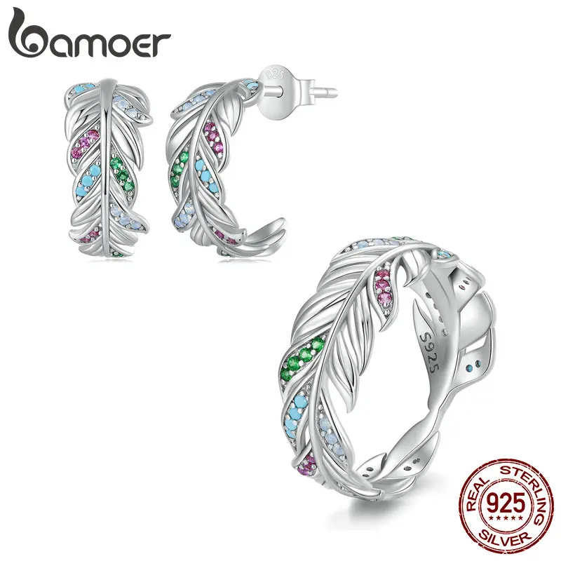 

Bamoer 925 Sterling Silver Delicate Colorful Zircon Feather Ring and Earrings Jewelry Set Pave Setting CZ for Women Fine Jewelry