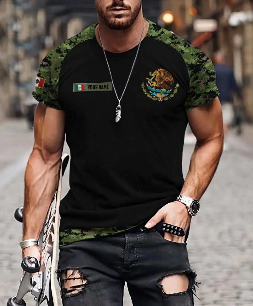 

Mexican eagle camouflage skull element 3D fashion full print round neck T-shirt men and women Harajuku casual short sleeve