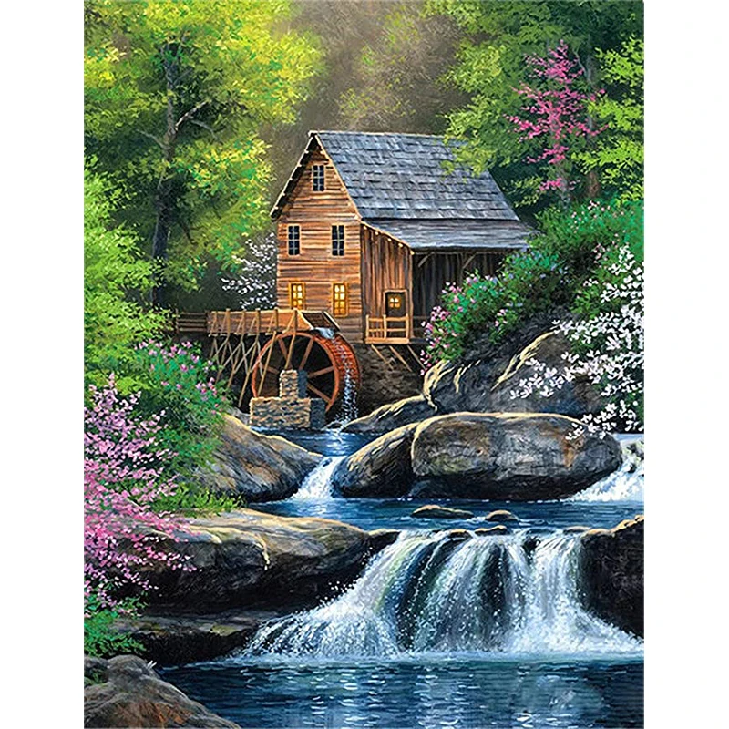 

Diamond Painting Hut River Landscape 5D DIY Full Square Drill Embroidery Scenery Mosaic Cross Picture Of Rhinestone Home Decor