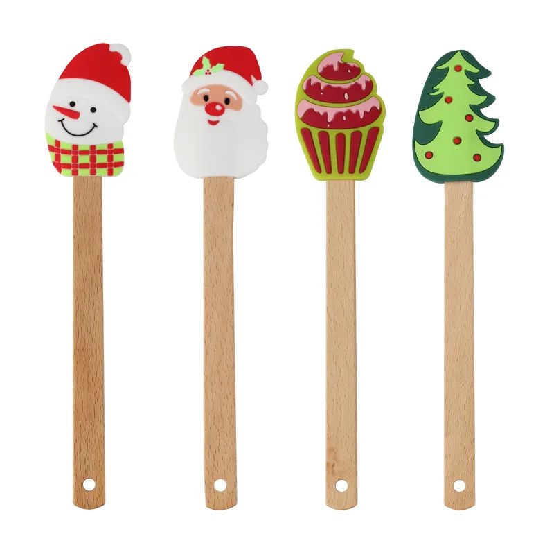

Christmas Cake Cream Silicone Spatula Fondant Butter Batter Mixing Scraper Pastry Baking Tools Wooden Handle Kitchen Utensils