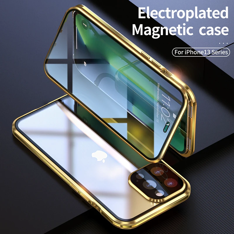

Металлический Магнитный защитный чехол 360 ° для iPhone 12 13 Mini 11 Pro XS Max XR, двухстороннее стекло с защитной крышкой для объектива камеры