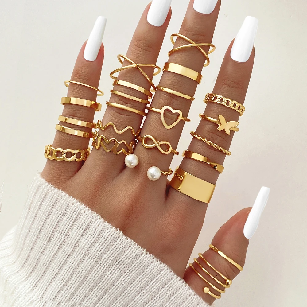 

IPARAM Boho Gold Color Heart Rings Set For Women Vintage Geometric Cross Pearl Butterfly Finger Rings Female Trendy Jewelry Gift