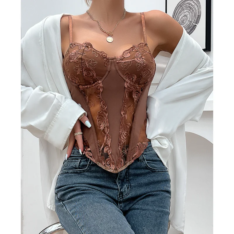 

2023 Summer New Sexy Lace Rose Pattern Fish Bone Splice Diamond Spicy Girl European and American Sling