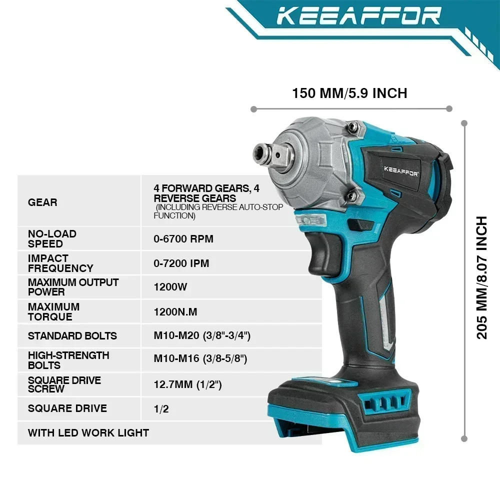 KEEAFFOR бесщеточный ударный гайковерт 1/2" синий аккумуляторный для Makita 18 В