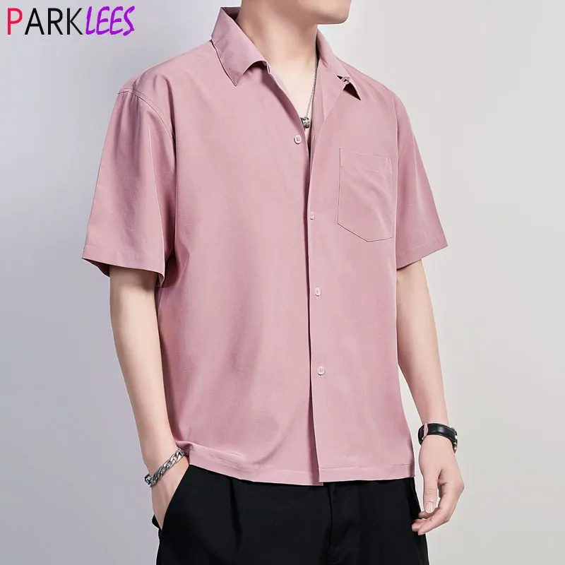 

Pink Short Sleeve Button-Down Cuban Collar Shirt Men Casual Solid Color Mexican Caribbean Style Mens Beach Shirts Chemise Homme