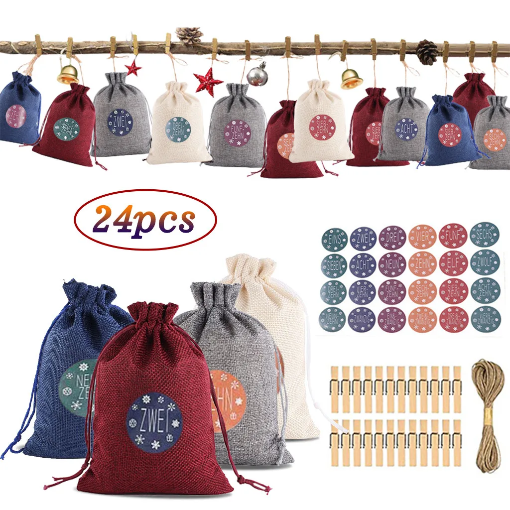 

Cotton Bundle Bag Candy 1-24 Pattern Linen Gift Christmas Bag Calendar Advent Home Decor Whimsical Calendar