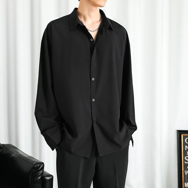 

Korean Men Black Solid Classic Long Blouses Casual Shirt Shirts sleeved Comfortable Loose Men Single Shirt Breasted