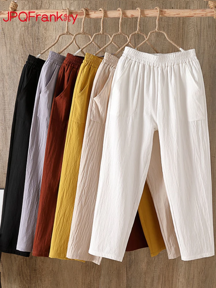 

Cotton and Linen Pants Women's Thin Elastic Waist Linen Loose High Waist Thin Casual Pants Women Streetwear Women Flare Pants