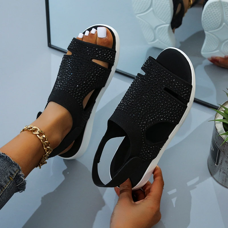 Summer Women Platform Sandals Mesh Breathable Velcro Hollow Sandals New Style Black Women's Sandals with Diamonds Plus 43 Light