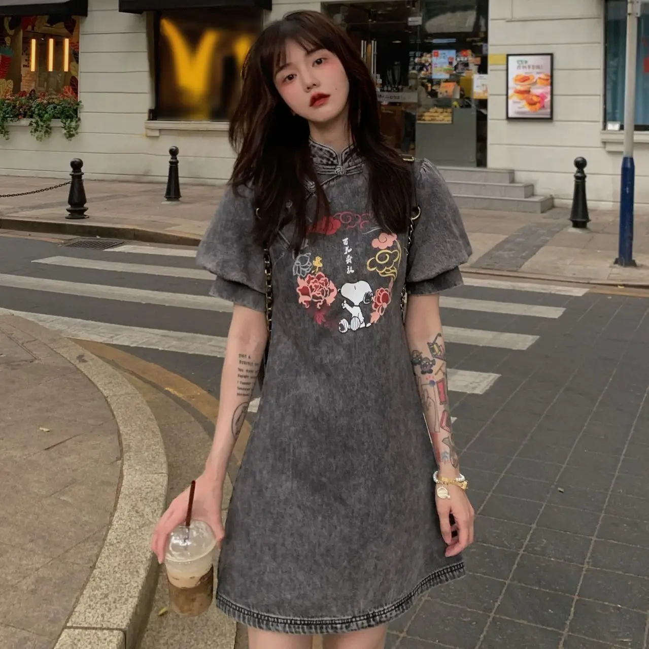 

Vintage Black Stand Collar Printed Denim Dress Y2k Chinese Traditional Cheongsam for Women 2023 Summer Qipao Dress Modern S-xl