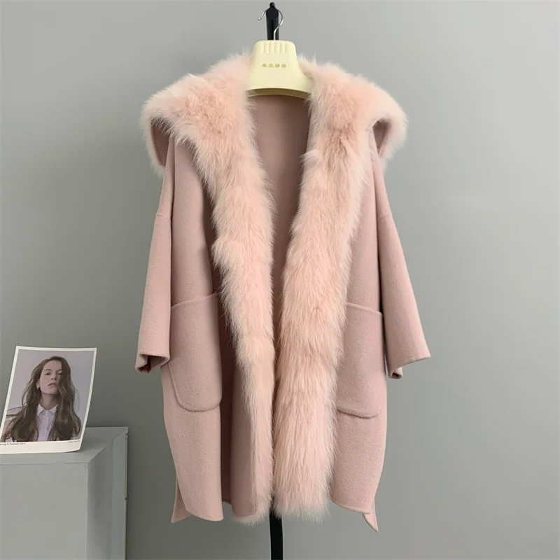 

wool 100% genuine Off season clearance fox fur, big fur collar, double faced wool, cashmere women's winter, medium length coat,