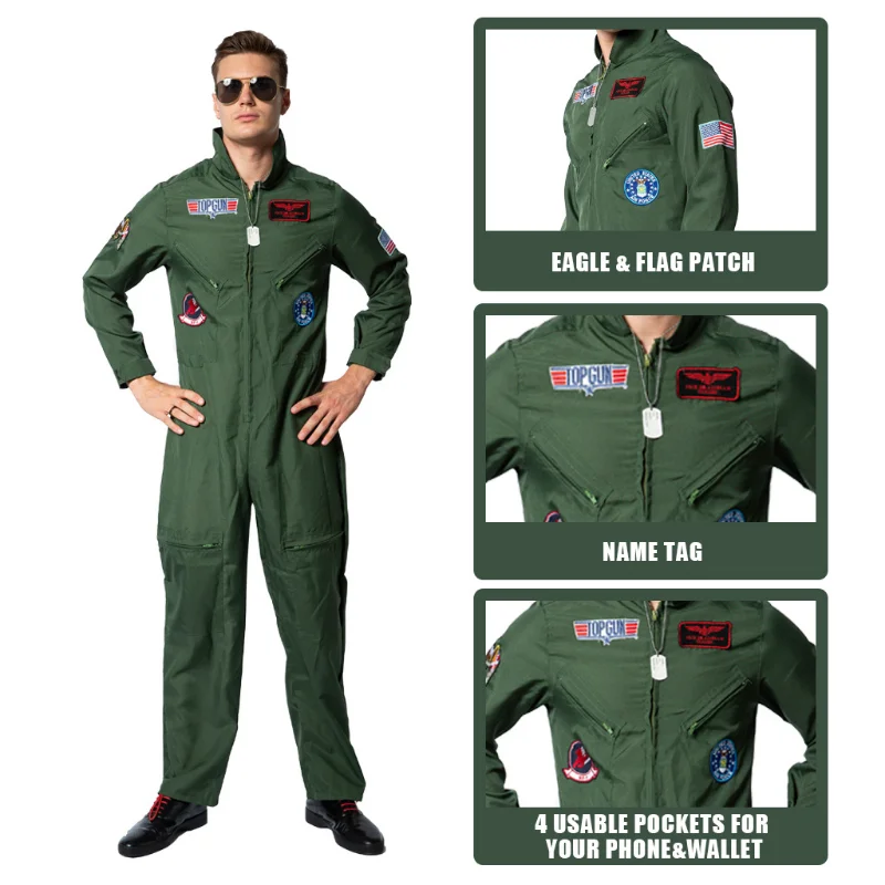 

Top Gun Movie Cosplay American Airforce Uniform Halloween Costumes for Men Adult Army Green Military Pilot Jumpsuit Astronaut