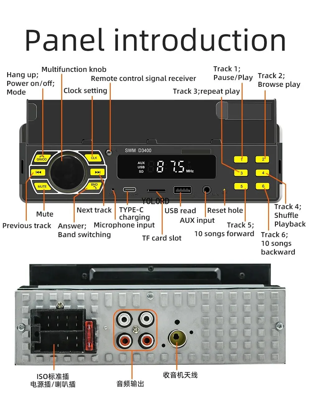 1Din Автомобильный радиоплеер MP3 Bluetooth USB TypeC TF AUX Автомобильная подставка для