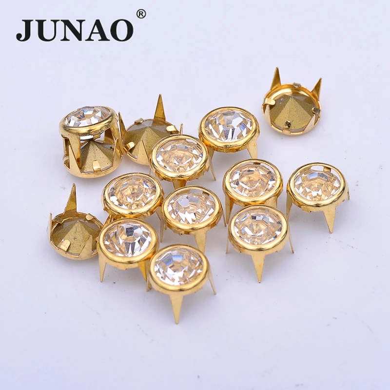 JUNAO 10mm Gold Metal Studs Rivet Rhinestones Tacks Rivet Glass Crystal Studs and Spikes Decor Rivets for Leather Clothes Crafts