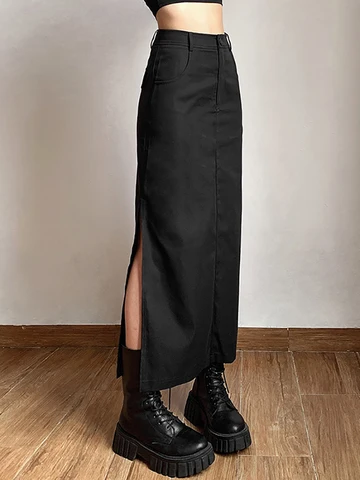 Goth Dark Grunge Casual Tag Split Women Midi Skirts Mall Gothic Punk High Raise Slim Long Skirt Y2k Sexy Fashion Streetwear 2023