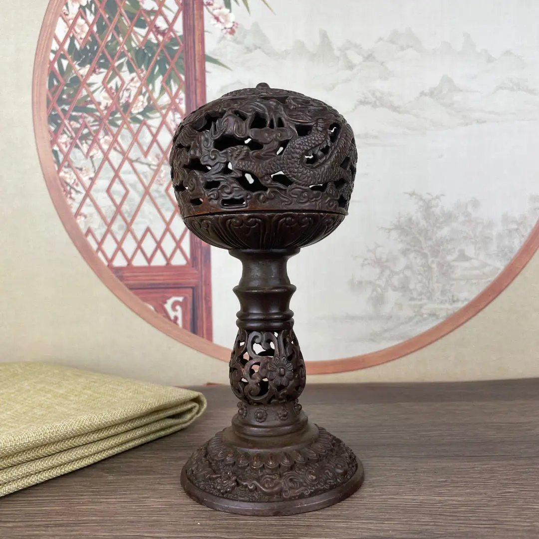 Античная Медная полая курильница Sugong двойной дракон медная с высокой ногой