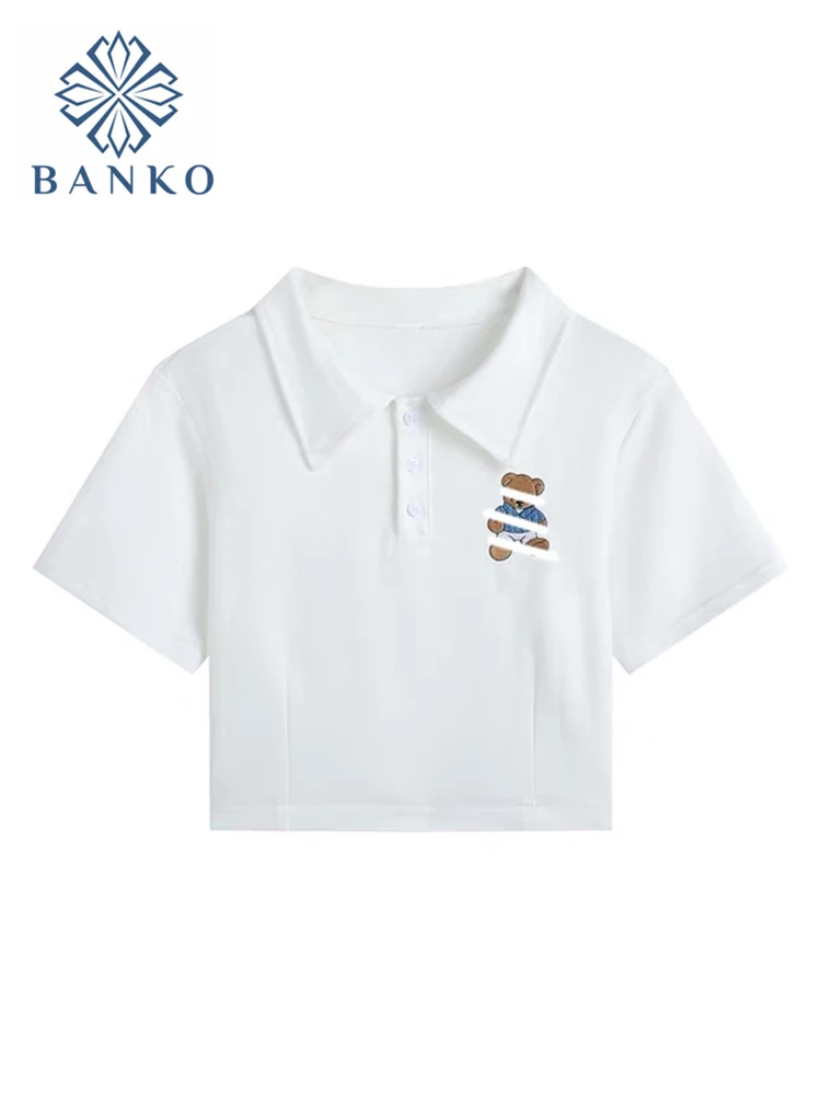 

Woman T-Shirts Summer Solid Short Sleeve Fashion Polo Tee Fashion Preppy Style Embroidery Button Slim All-Match Crop Tops Female