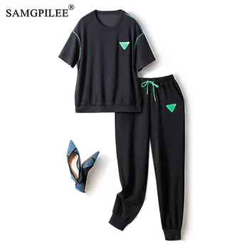 Casual Sports Suit Women 2022 Summer Open Line Design O Neck Sweater Elastic Waist Women's Pants Two-piece Set Women's Tracksuit 1