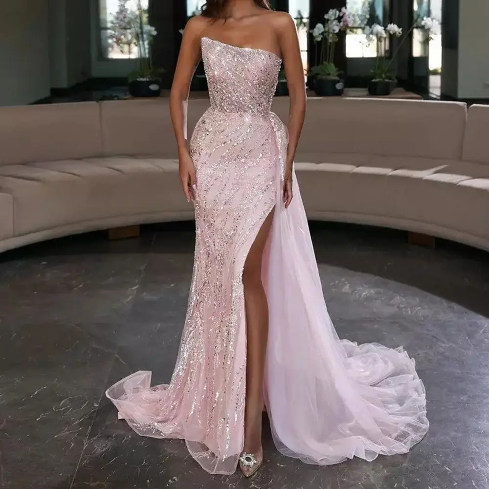 

Sparkly Pink Mermaid Sequins Prom Dresses 2022 with Train Sexy Sleeveless Formal Party Gowns Robes De Bal