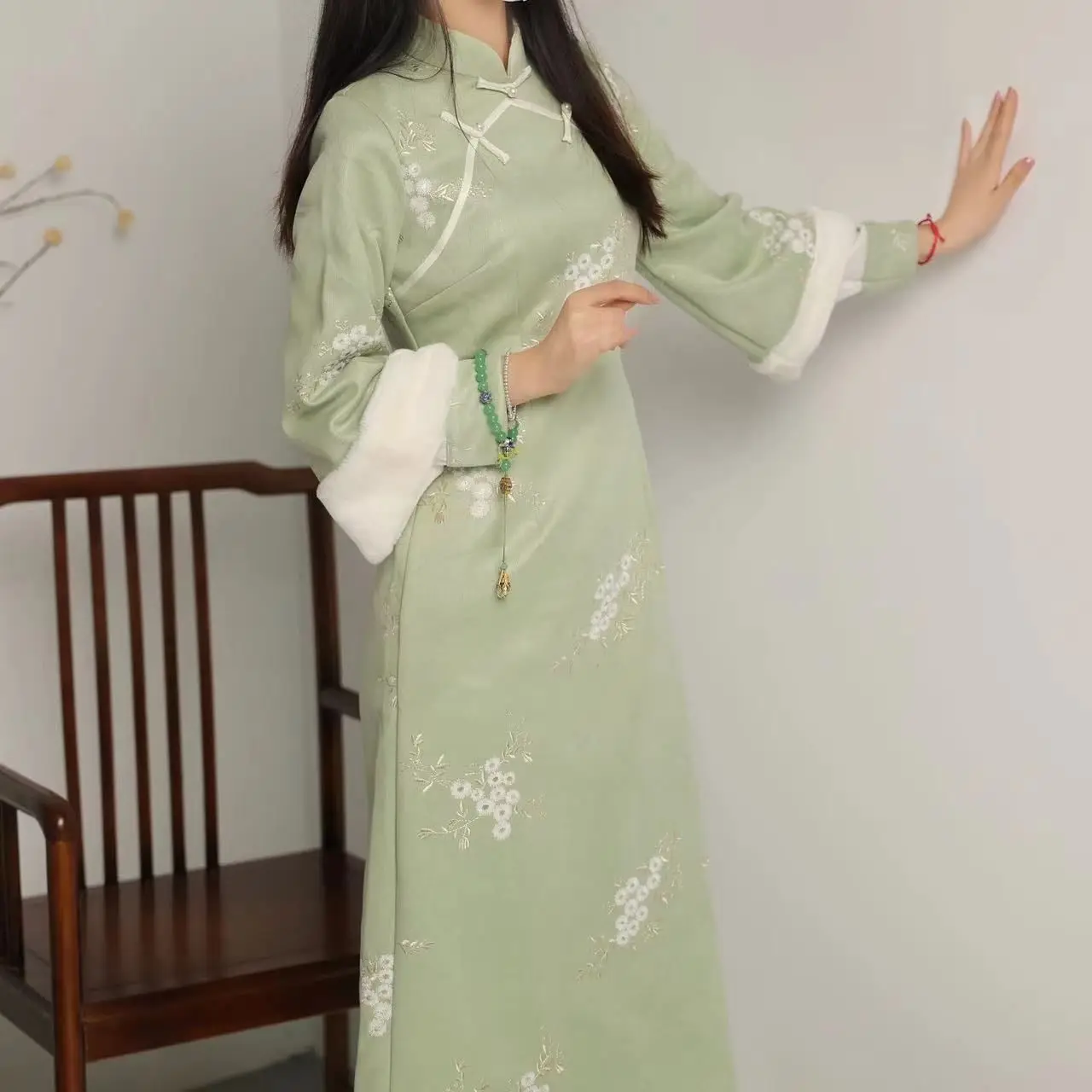 Женское зимнее платье-Ципао с плюшевым воротником