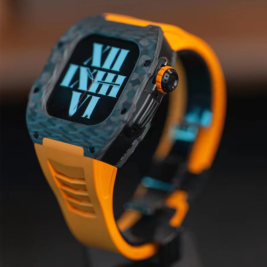 Carbon Fiber Modification Kit for Apple Watch 40mm 41mm Metal Butterfly Clasp Mod Kit for IWatch 8 7 6 5 4 SE Fluororubber Strap