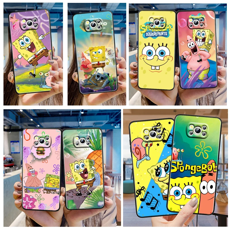 

Anime Cartoon SpongeBob Cute Phone Case For Xiaomi Mi Poco X4 X3 X2 NFC F4 F3 F2 GT M5 M5s M4 M3 Pro C40 C3 5G Black Funda Cover