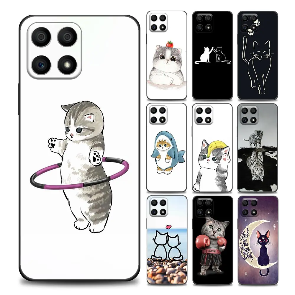 

Funny Cartoon Line Cat Cute Animal Pattern Phone Case For Honor 50 30 10 Lite 30i 20 e 9A 9C 9X Pro 8X Nava 8i 9 Y60 Cover Cases