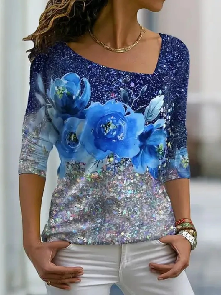 

Женская футболка с цветочным принтом, блестящая уличная одежда, повседневная Базовая футболка с диагональным воротником и длинным рукавом для выходных и праздников, 2023