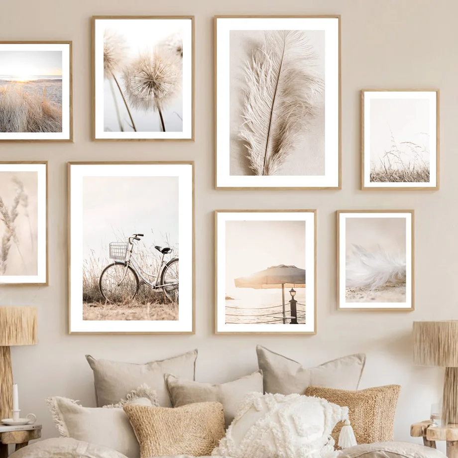 

Beige Beach Dandelion Feather Grass Bike Wall Art Canvas Painting Nordic Posters Prints Landscape Pictures For Living Room Decor