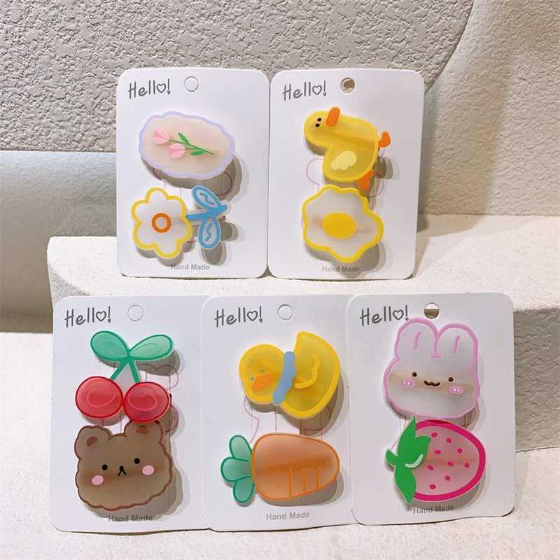 

2 Pcs New Korean Sweet Girl Cute Cartoon Animal Hairpins Hair Accessories Fashion Children's Flower Fruit Hair Clip Headwear