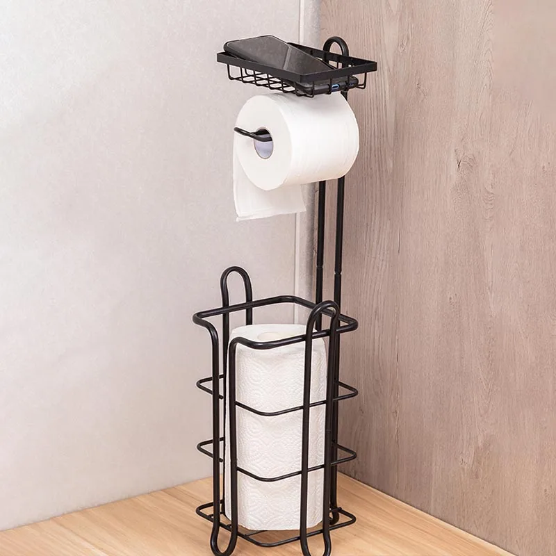 

Free Standing Black Iron Toilet Paper Holder Dispenser Storage Toilet Tissue Organization with Shelves