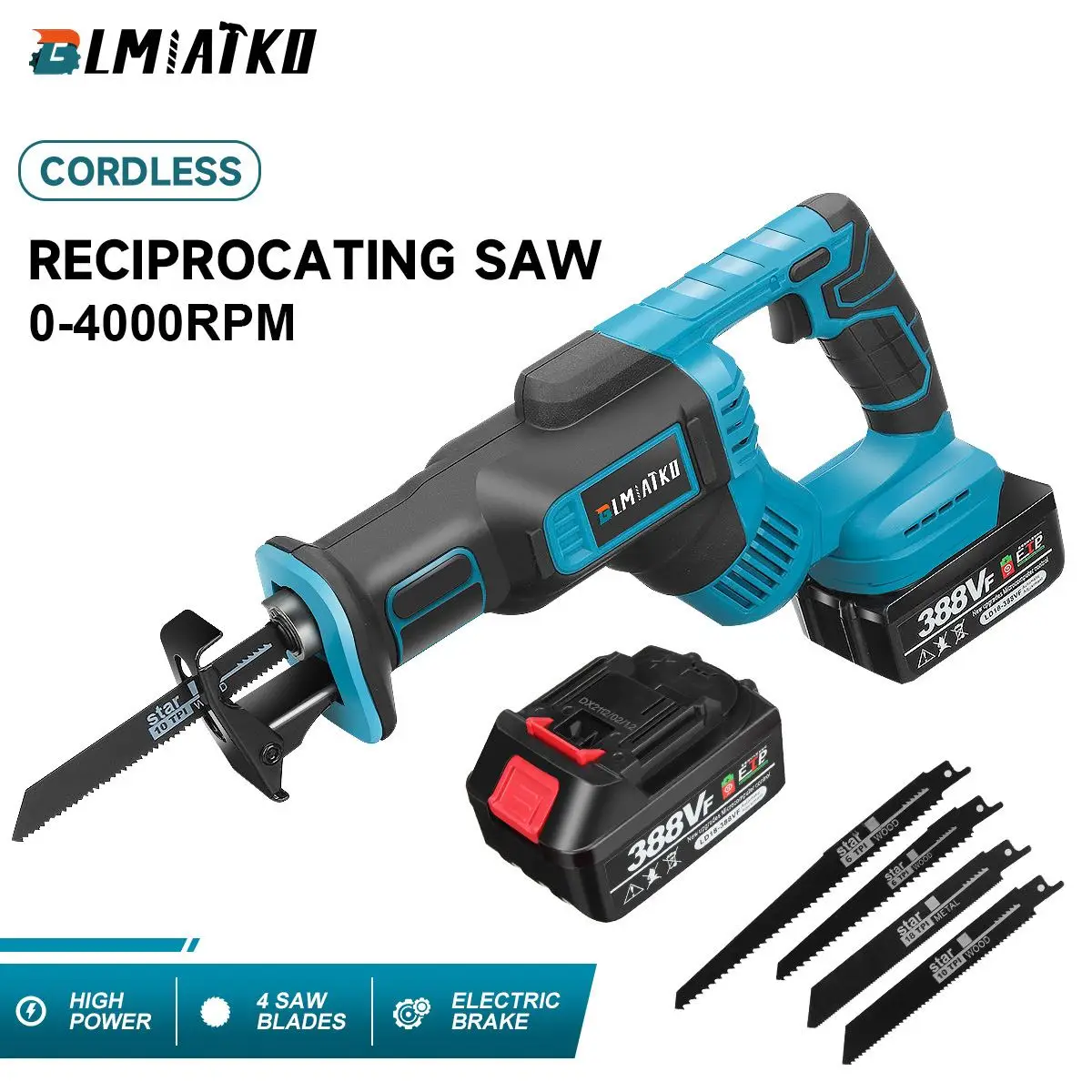 388VF Cordless Electric Reciprocating Saw with Li-ion Battery&Saw Blades Portable Power Tools compatible Makita 18V Battery