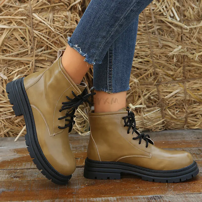 

Round Toe Med Heel Boots Women Shoes Autumn Boots-women Booties Ladies Lace Up Luxury Designer Lolita Black 2023 Rubber Flat