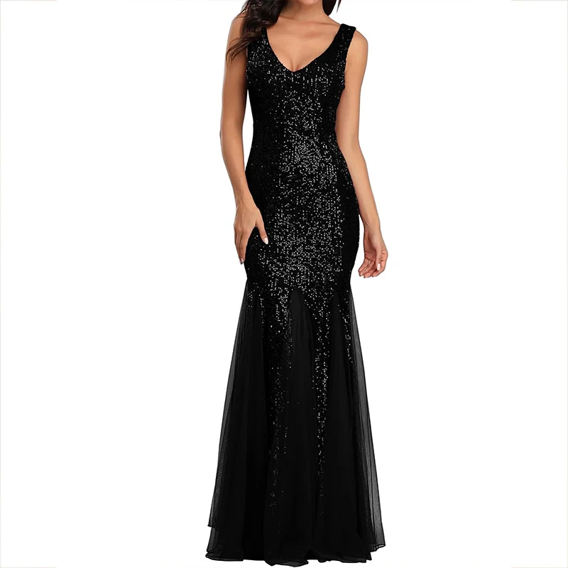 

Women’s Sequin Mermaid Long Prom Dresses V-neck Floor Length Tulle Ruffle Evening Dress with V Back Cocktail Party Gowns
