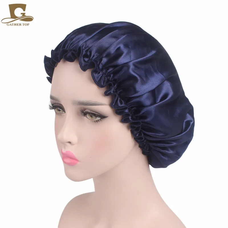 

Satin Elastic Colorful Night Sleep Cap Invisible Flat Button Women's Head Cover Shower Caps Bonnet Haircare Hat