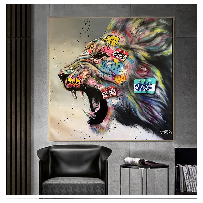 

Art Posters and Prints Abstract Animal Canvas Painting Wall Art Picture for Living Room Decor Colorful Roaring Lion Graffiti