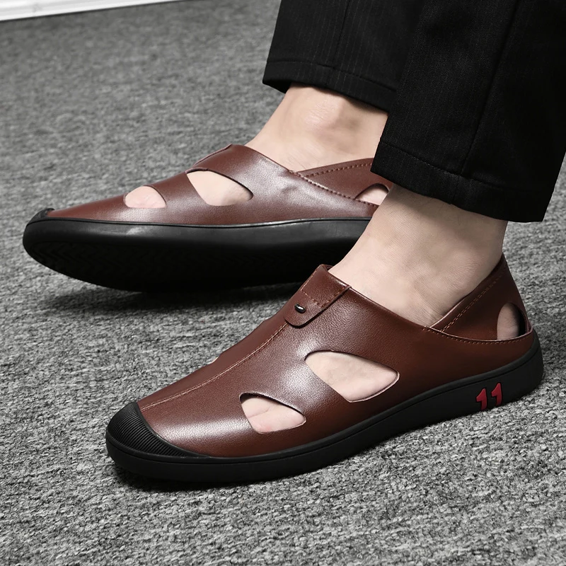 Мужские сандалии из натуральной кожи коричневые Роскошные деловые туфли для