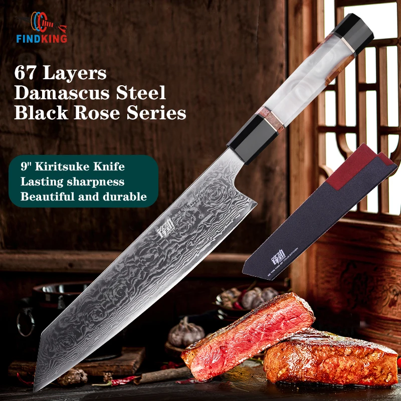 FINDKING-cuchillo de cocina profesional, serie Black Rose AUS 10, acero de Damasco, japonés, Kiritsuke, patrón de rosa de resina, para Chef