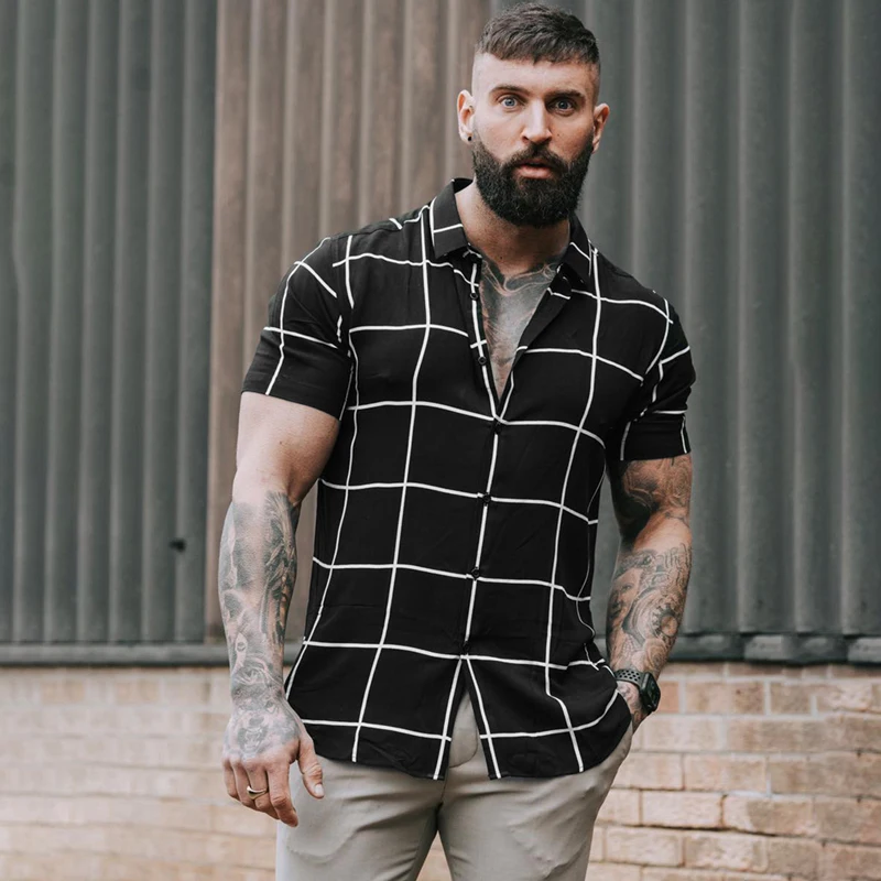 

Digitally printed minimalist plaid men's shirt street clothing casual short sleeved shirt men's top fashion men's clothing
