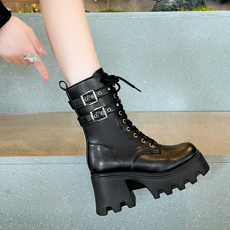 

Женские ботинки на молнии, черные однотонные современные ботинки из искусственной кожи, на шнуровке, с круглым носком, на высоком каблуке, в стиле панк, зима 2023