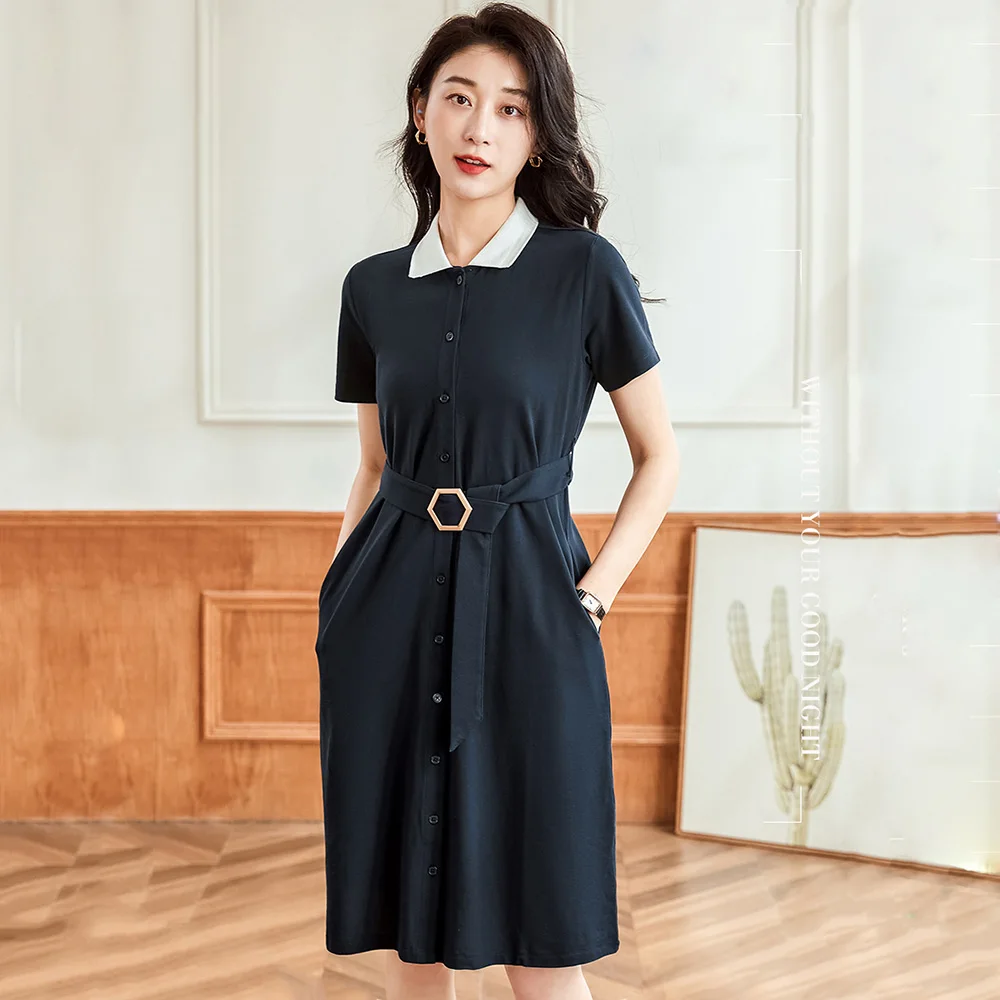 Women Polo Collar Dress Summer New Fashion Contrast Color Single Breasted Belt Slim Dress Casual Short Sleeve Pullover Dress