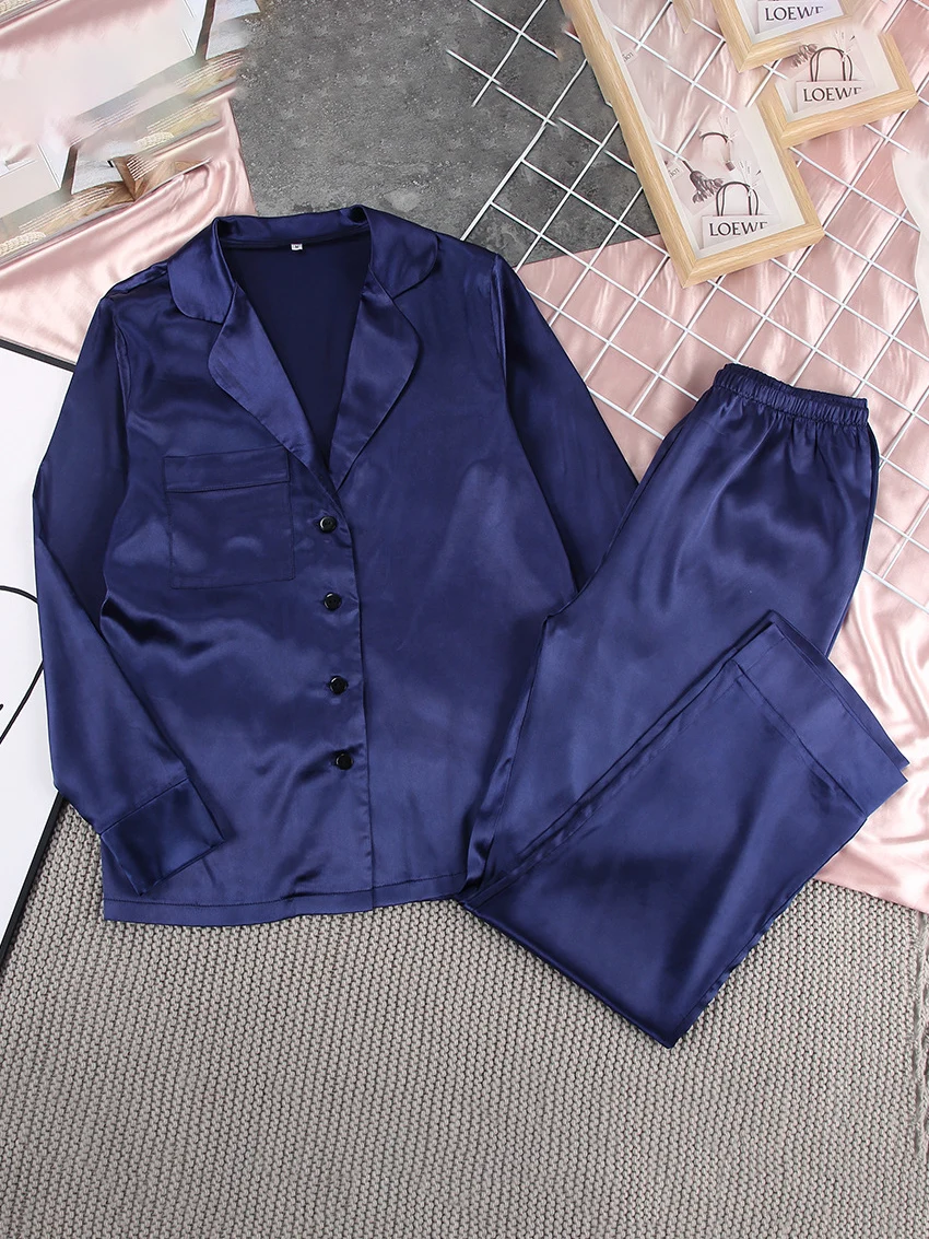 Marthaqiqi Casual Long Sleeve Women'S Pajamas Satin Low-Cut Turn-Down Collar Sleepwear Elastic Waist Pants Pajama For Women Sets